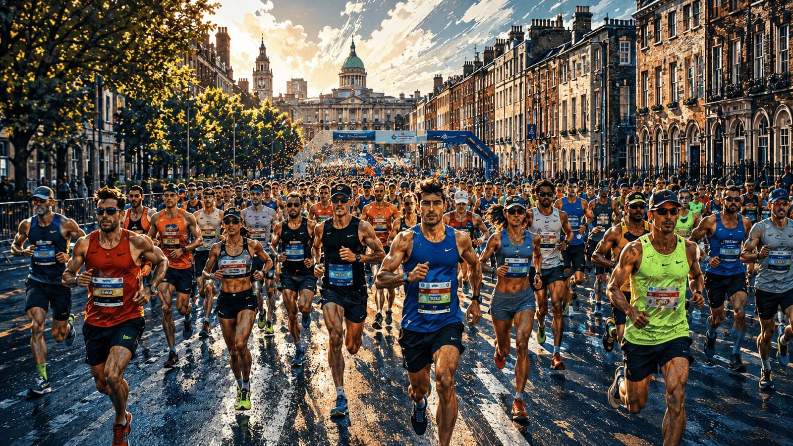 A wide shot shows a large group of marathon runners making their way through an urban race course on a sunny day with historic buildings in the background.