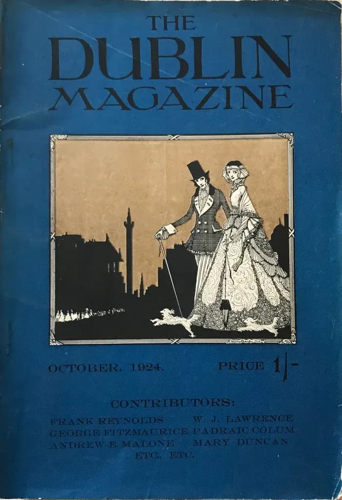 Cover of The Dublin Magazine, October 1924, featuring an illustration of a man and a woman in formal attire with two dogs, against a city skyline silhouette, set within a decorative border.